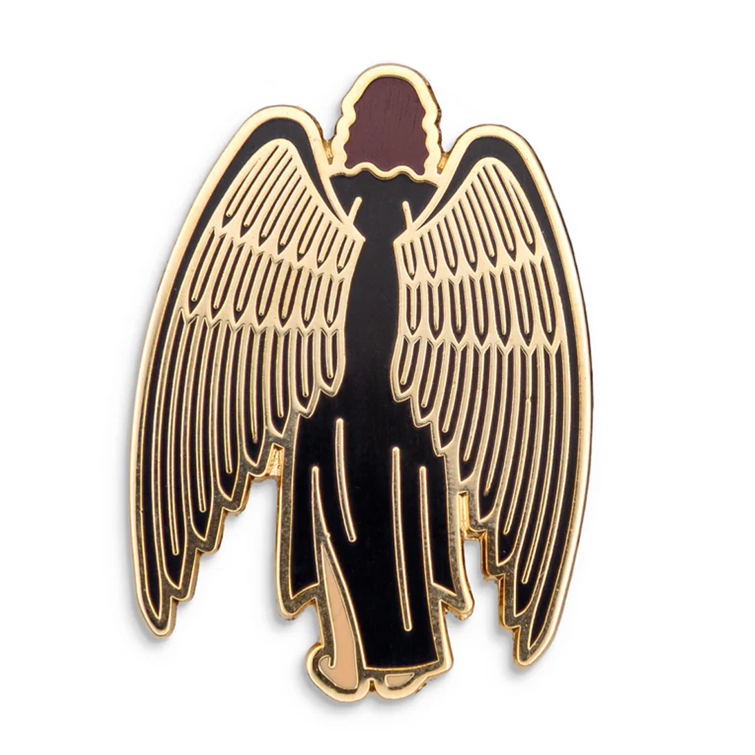 Photograph of a Good Omens enamel pin: Sheltering Wings