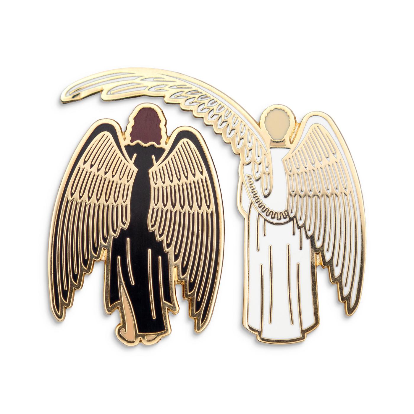 Photograph of a Good Omens enamel pin: Sheltering Wings