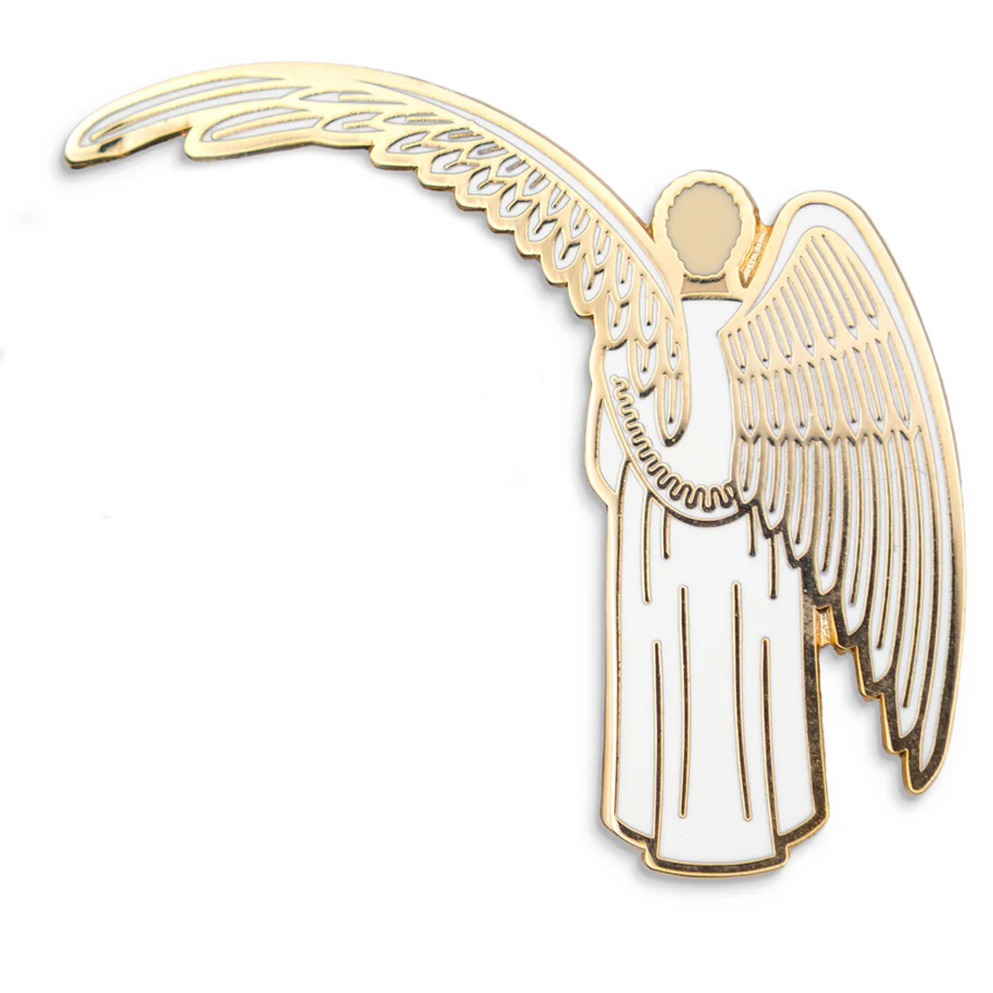 Photograph of a Good Omens enamel pin: Sheltering Wings