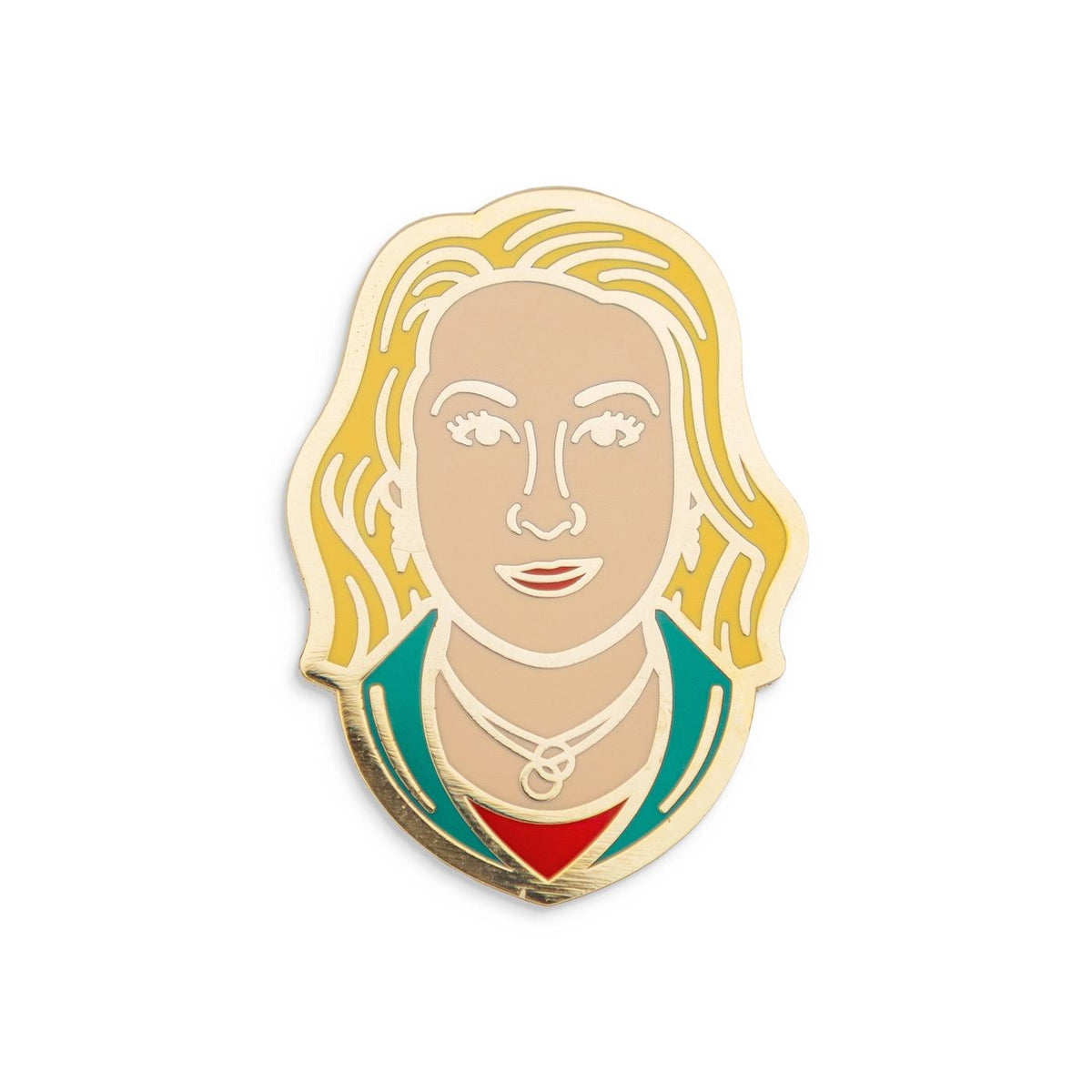 Photograph of a Good Omens enamel pin: Maggie