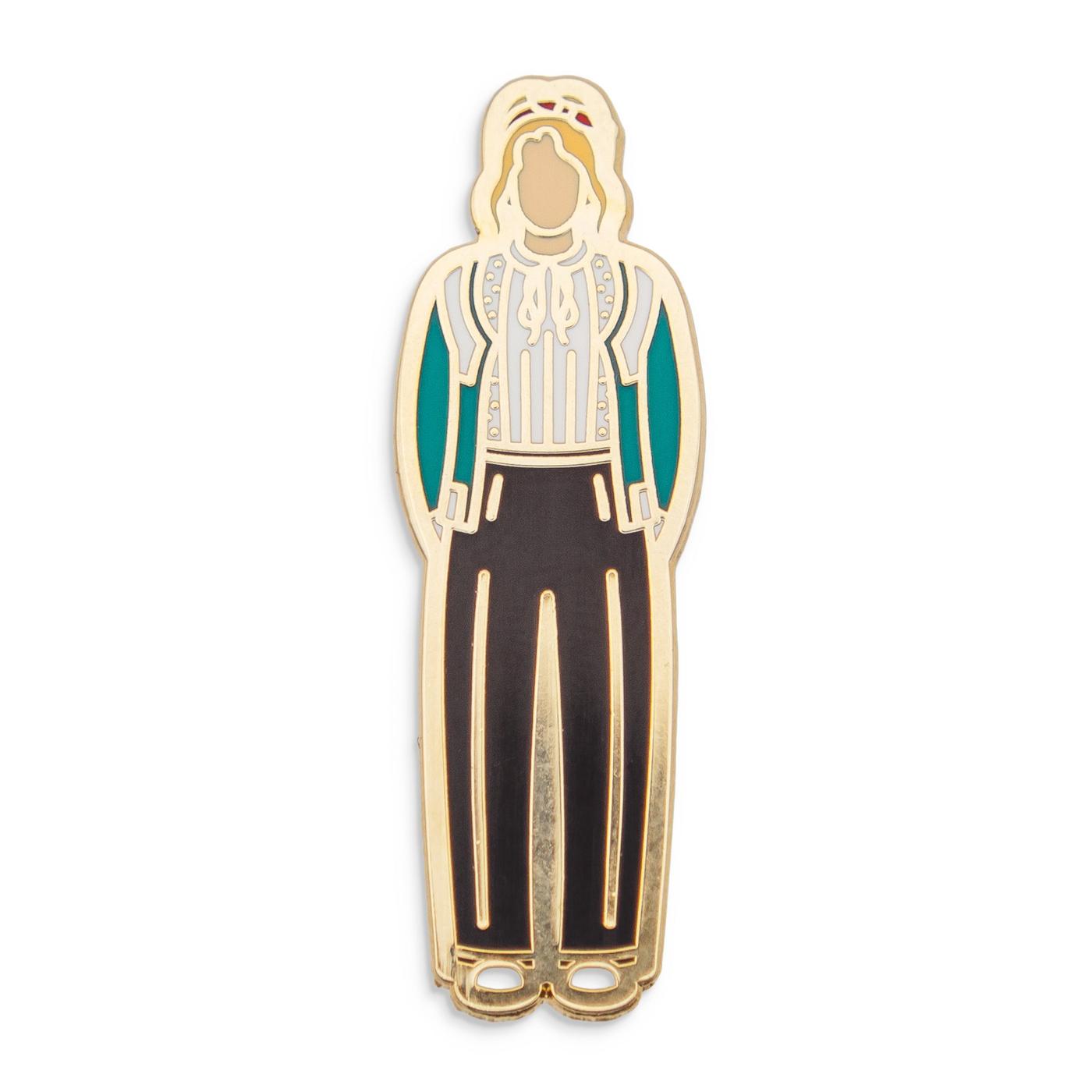 Photograph of a Good Omens enamel pin: Maggie