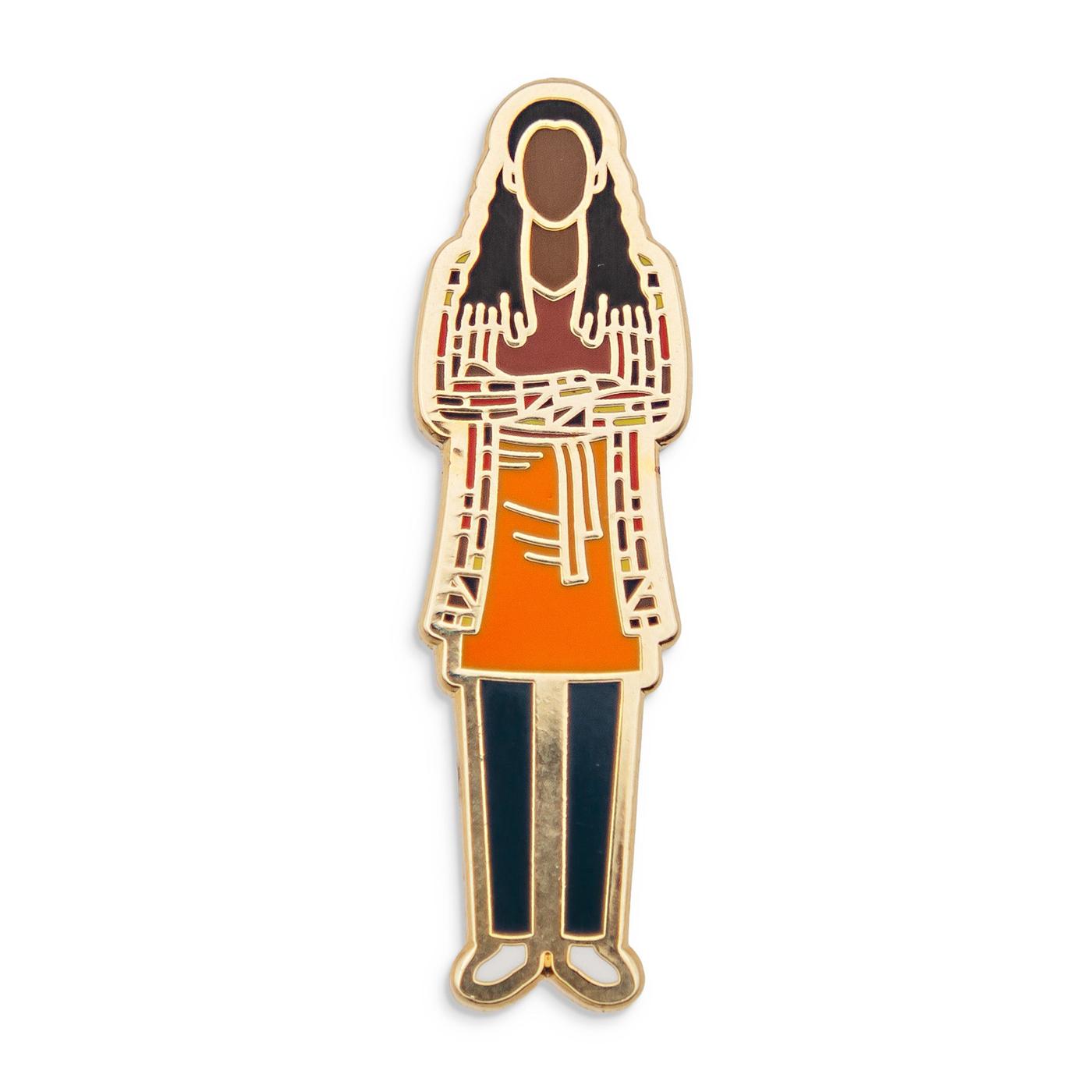 Photograph of a Good Omens enamel pin: Nina