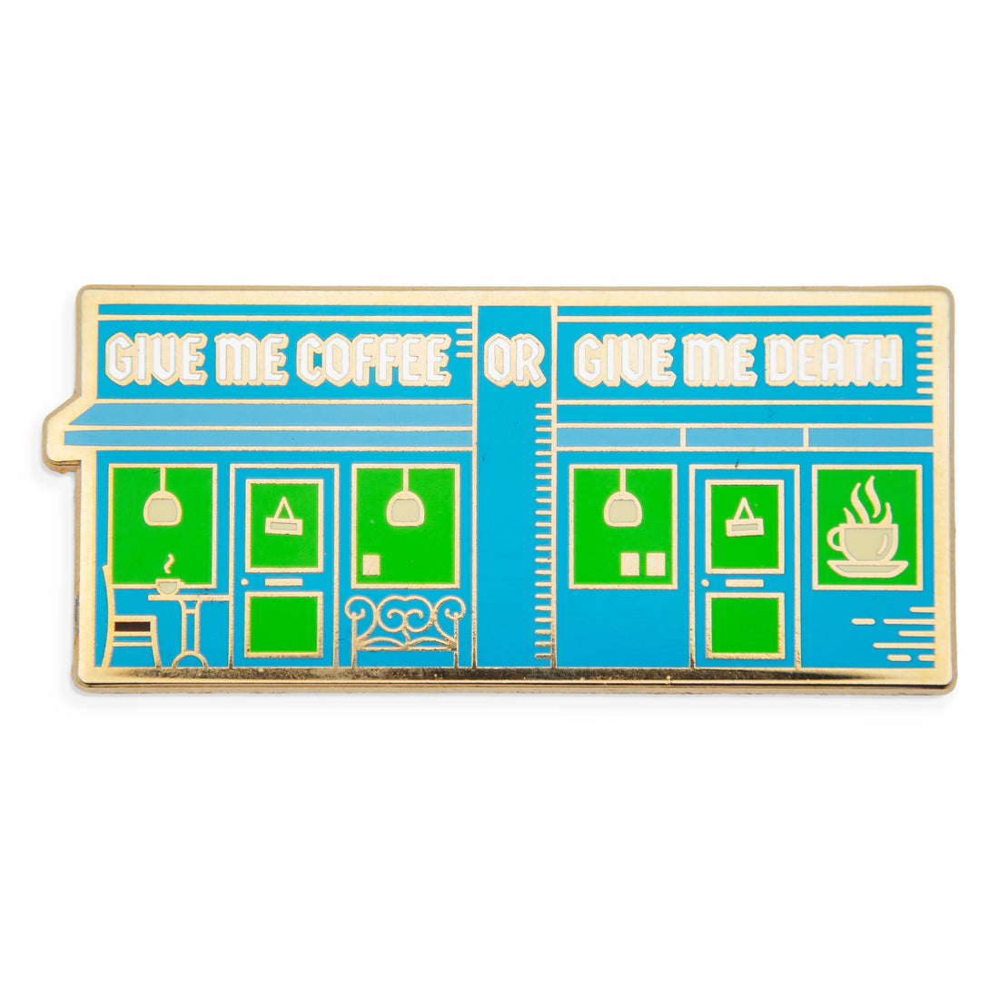 Photograph of a Good Omens enamel pin: Coffee shop