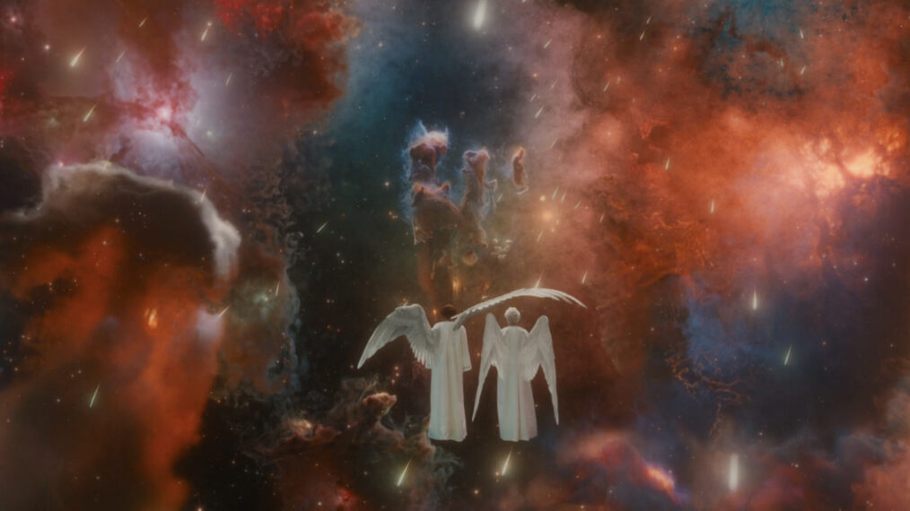 Angelic Crowley sheltering angelic Aziraphale under his wing.
