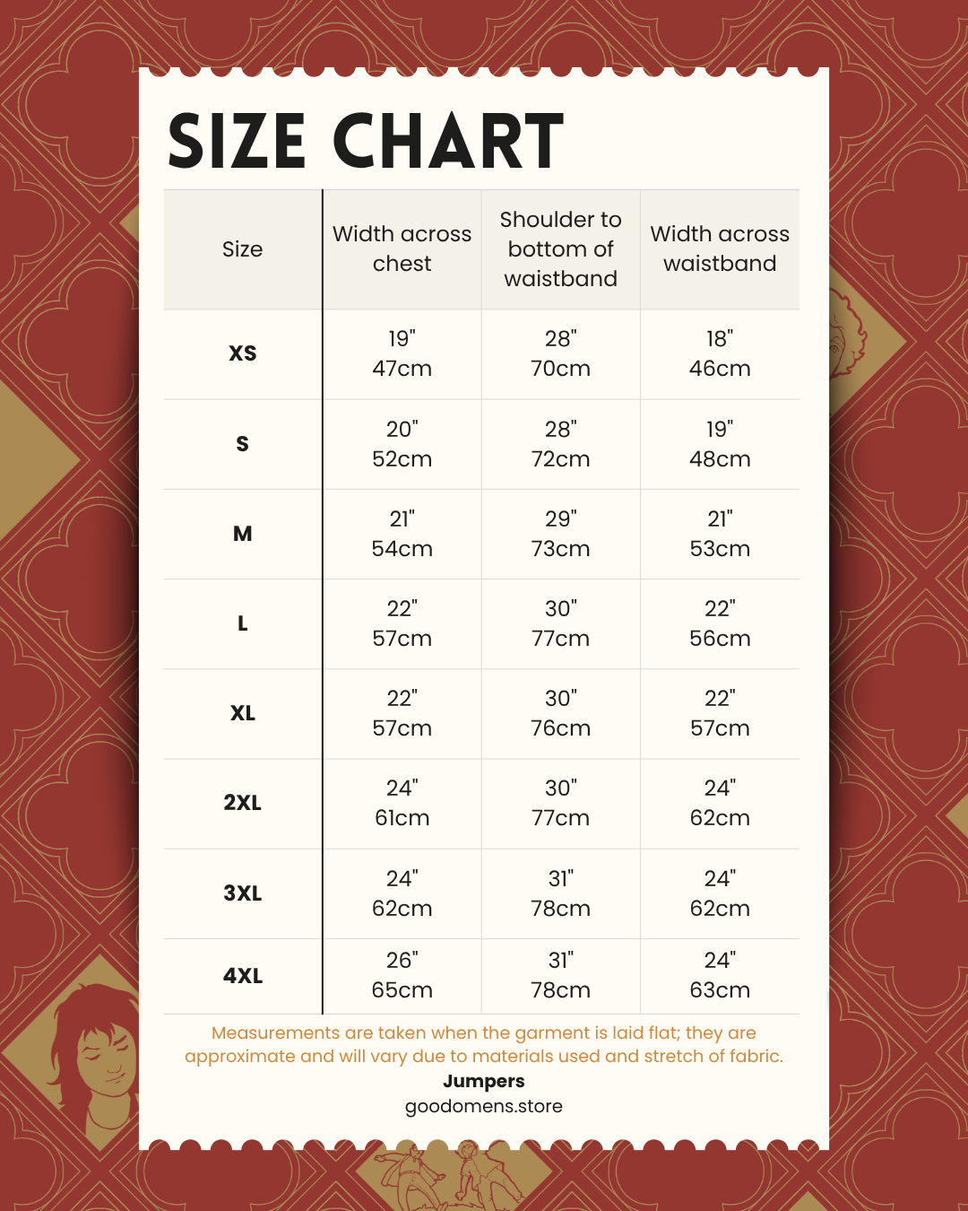 Size chart for jumpers on a decorative red and gold background, showing the width across the chest for the following sizes as: XS, 47cm; S, 52cm; M, 54cm; L, 57cm; XL, 57cm; 2XL, 61cm; 3XL, 62cm; 4XL, 65cm. 