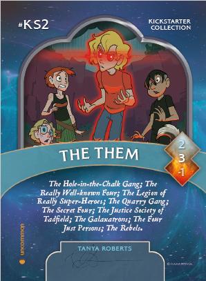A trading card of the Them, featuring artwork by Tanya Roberts.