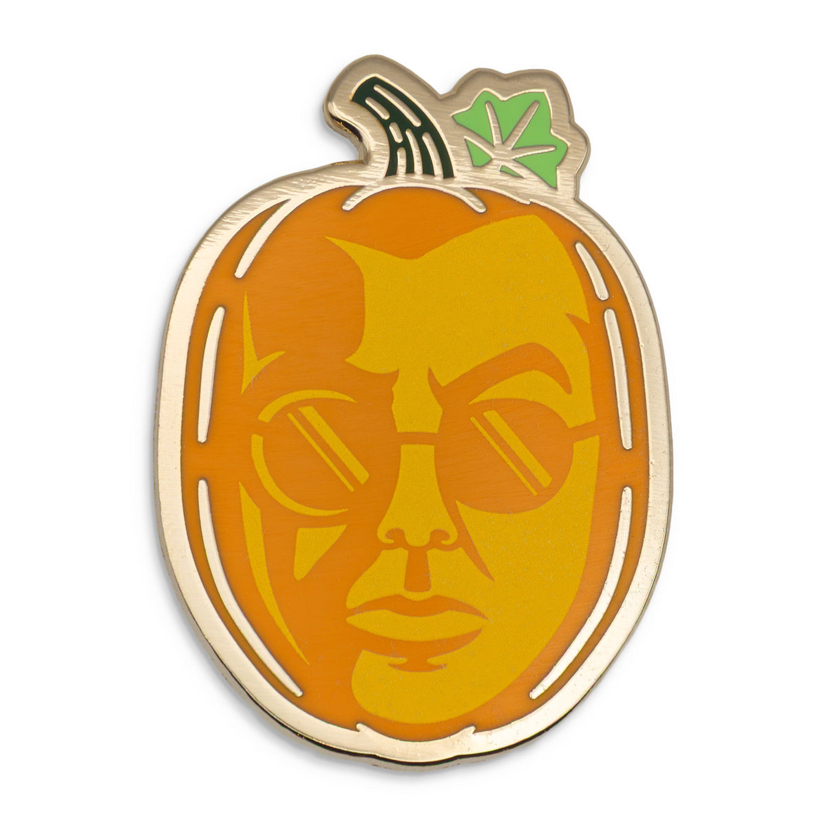 Enamel pin featuring Crowley as a pumpkin.