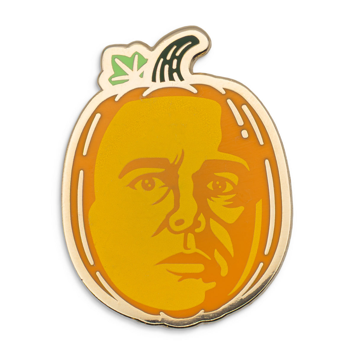 Enamel pin featuring Aziraphale as a pumpkin.