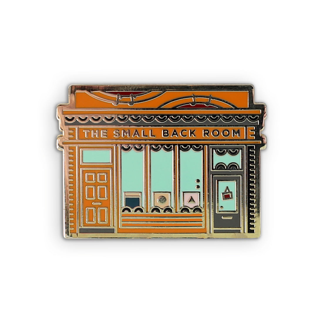 Photograph of a Good Omens enamel pin: Small Back Room