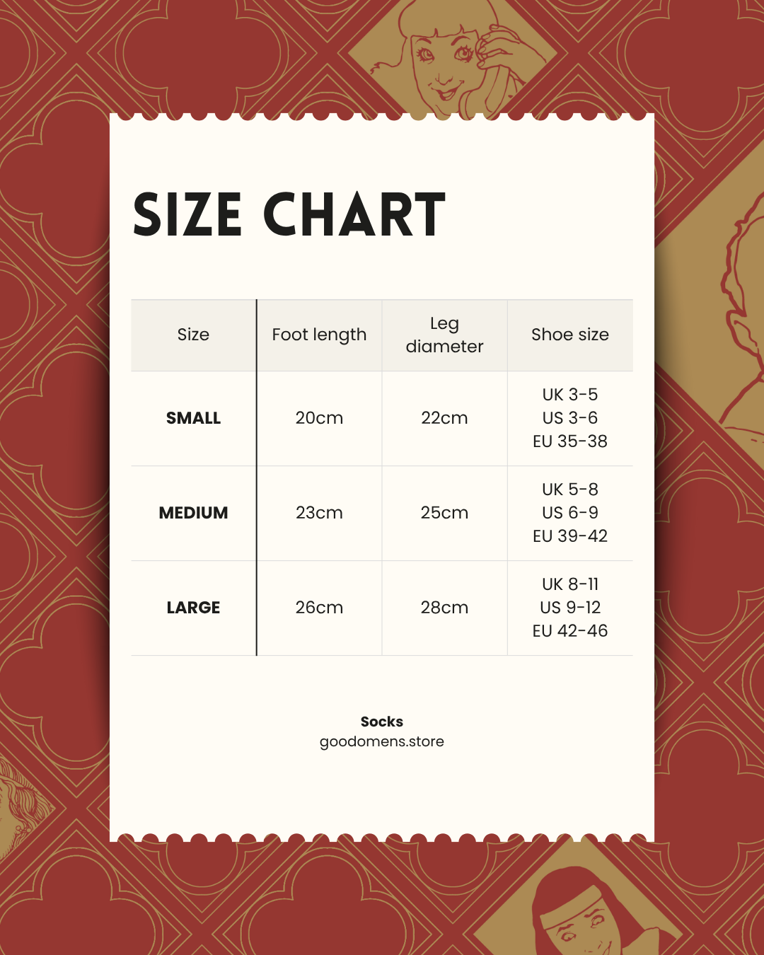 Size chart for socks, showing Small (shoe size 3-5 UK, 3-6 US, 35-38 UK); Medium (shoe size 5-8 UK, 6-9 US, 39-42 EU) and Large (shoe size 8-11 UK, 9-12 US, 42-46 EU).