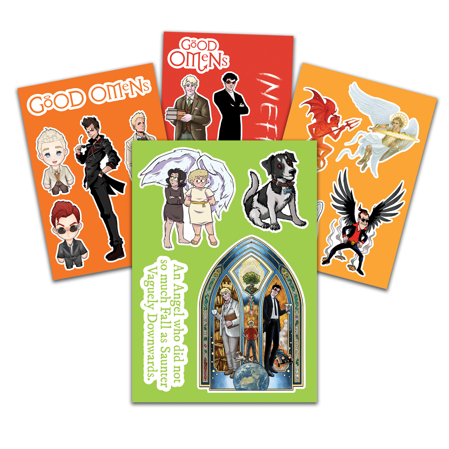 A selection of Good Omens stickers featuring artwork from the Good Omens graphic novel campaign.