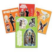 A selection of Good Omens stickers featuring artwork from the Good Omens graphic novel campaign.