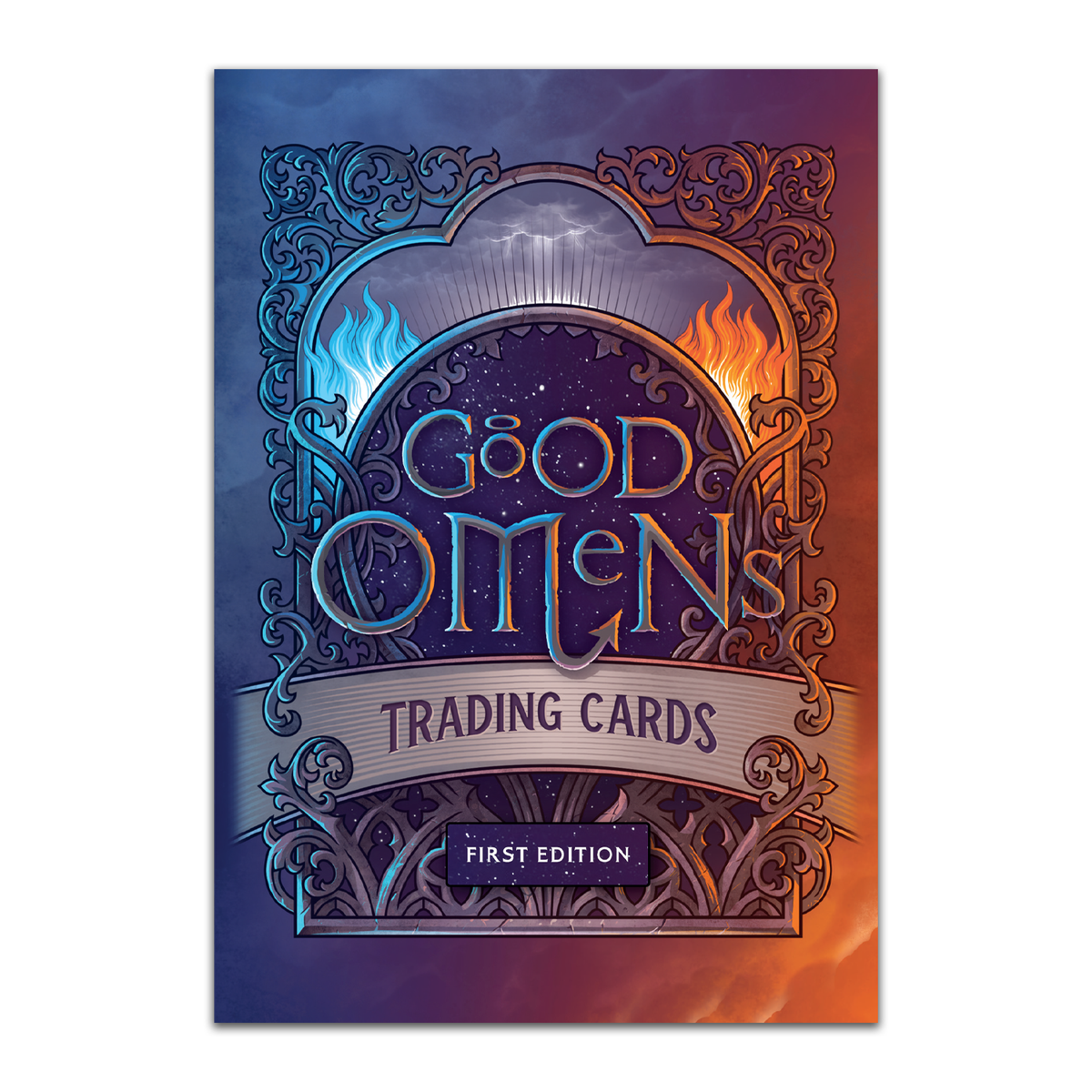 Cover image of the Good Omens trading card game, first edition.