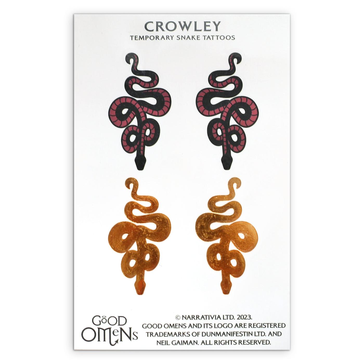 Image of the termpoary tattoo sets, featuring Crowley's serpent-like sideburns.