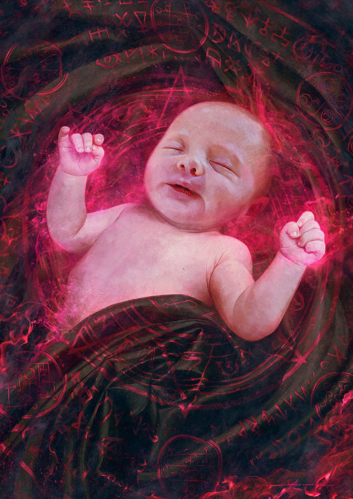 An illustration of the Antichrist draped in a black blanket, covered in red symbols.