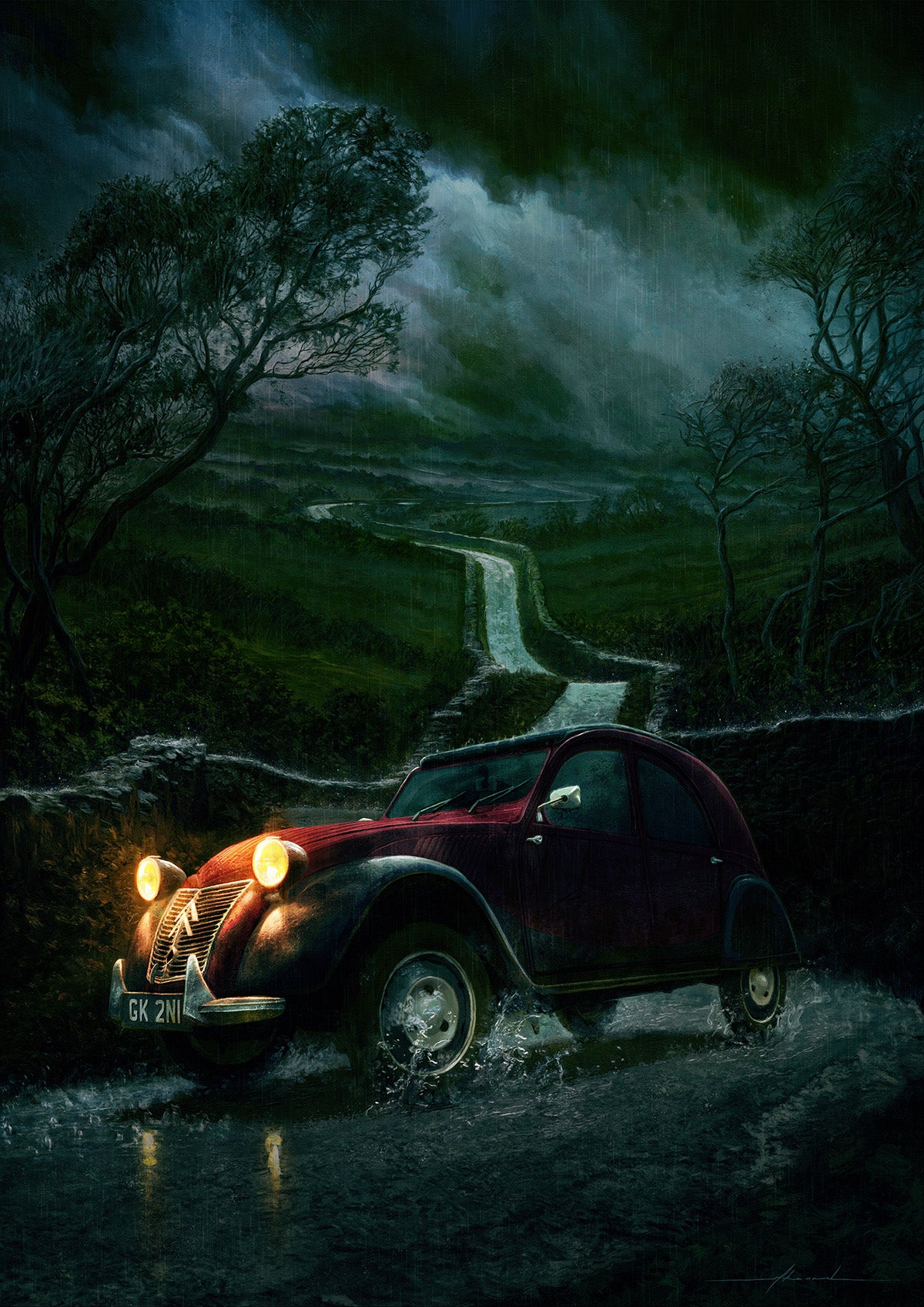 An illustration of a dark and stormy night, where a car is driving through rainsoaked roads.