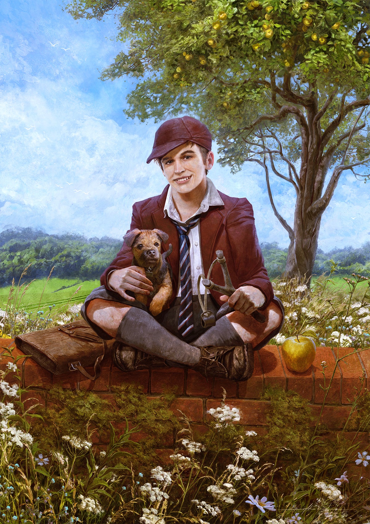 An illustration of a young boy sitting on a wall, with a dog on his lap.