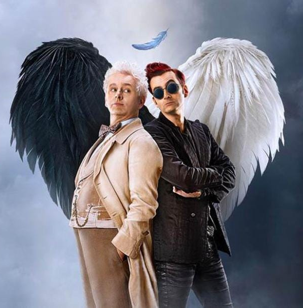 Aziraphale and Crowley standing back to back, their wings making the shape of a heart.
