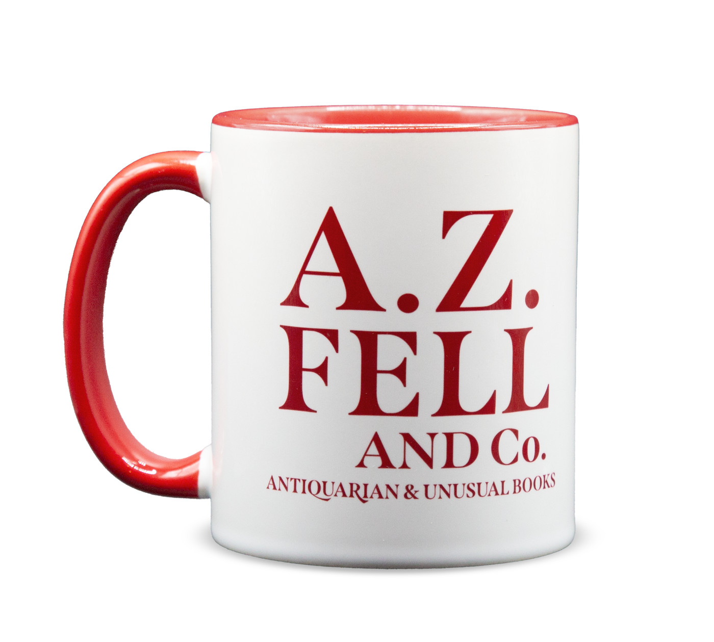 White mug with red interior and handle featuring A.Z. Fell and Co. Antiquarian and unusual books written in red.