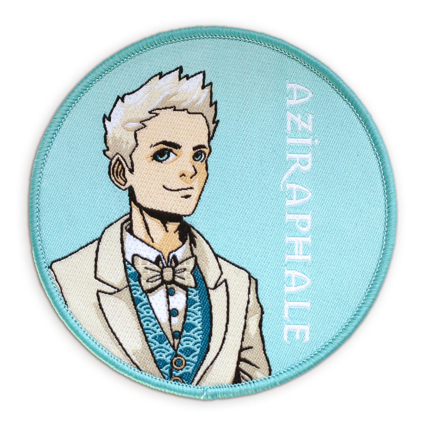 A circular patch featuring an illustration of Aziraphale in an anime style.