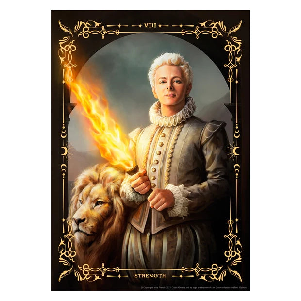 Artwork by Irina French showing Aziraphale and a flaming sword, as if a tarot card -'strength'