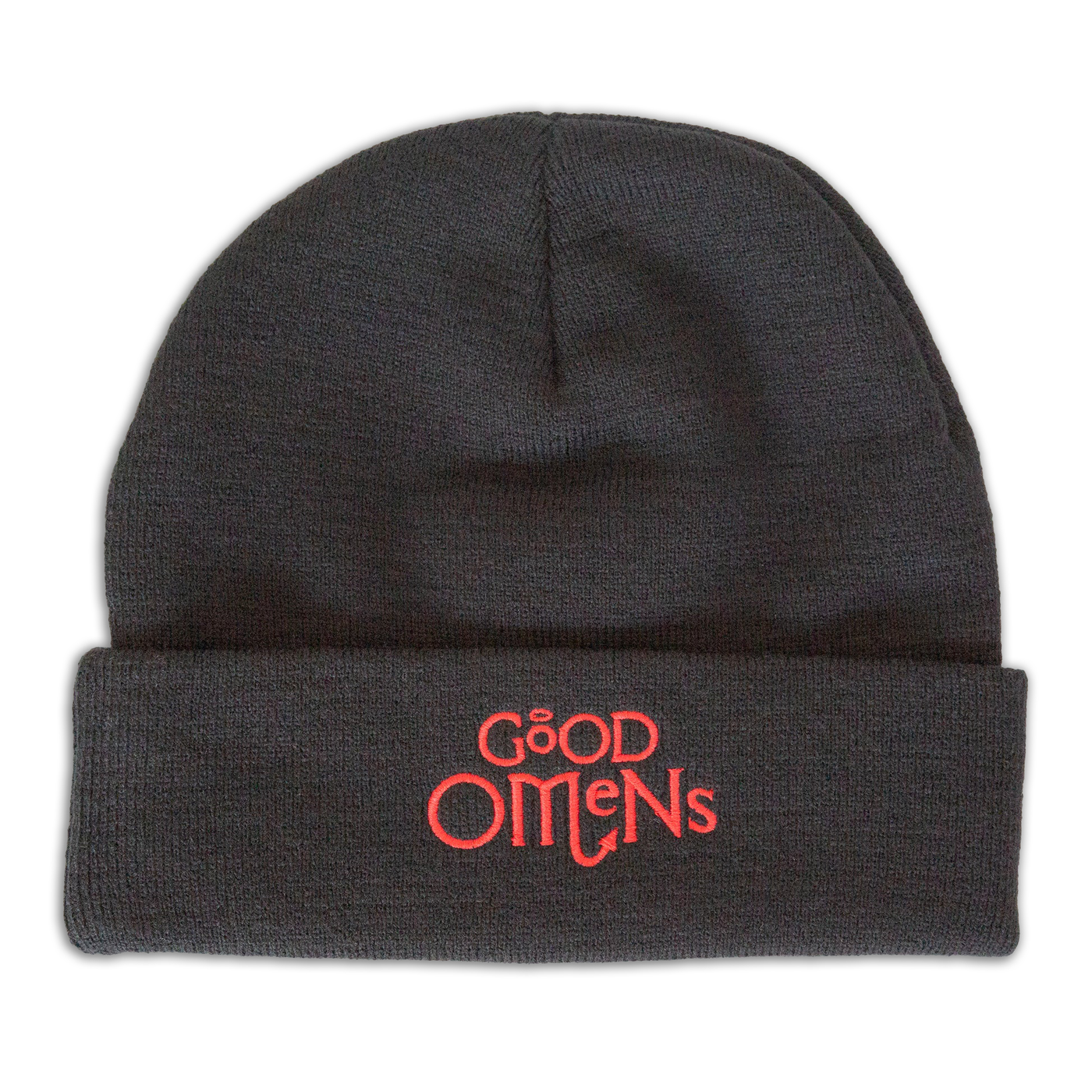 Black beanie hat featuring the Good Omens logo embroidered in red.