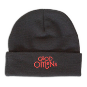 Black beanie hat featuring the Good Omens logo embroidered in red.
