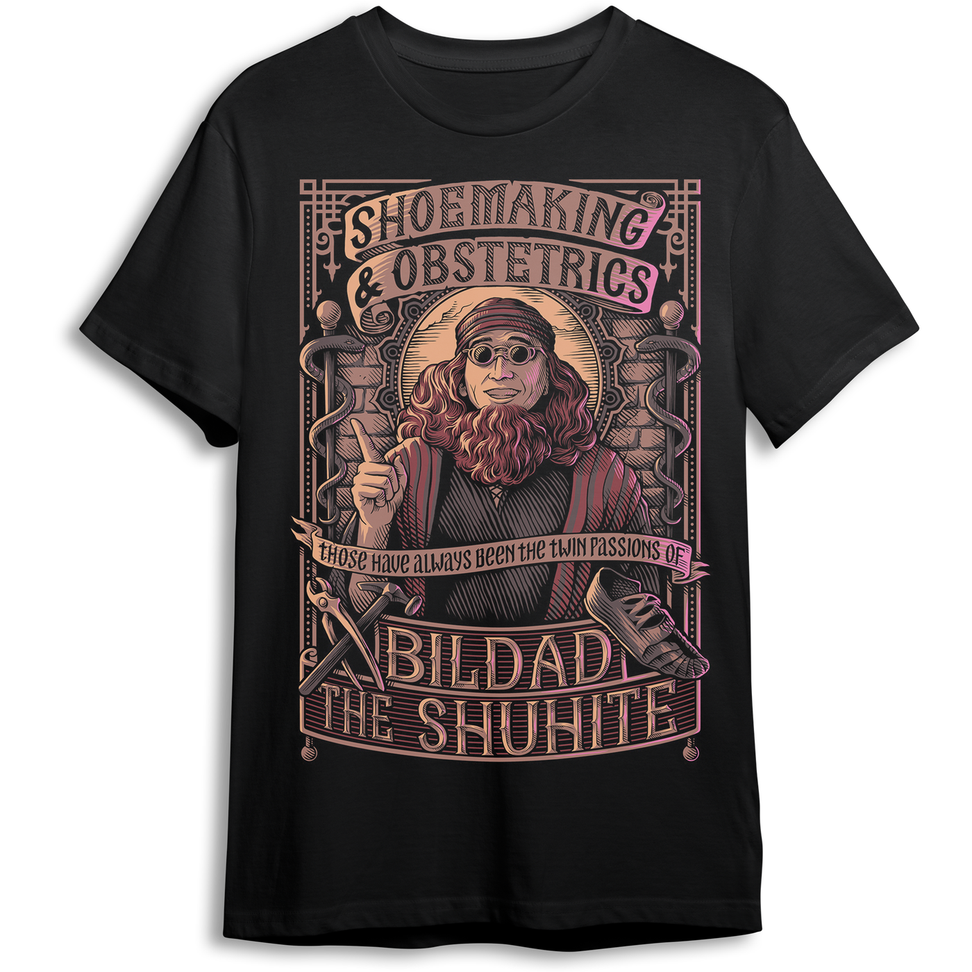 Black t-shirt featuring an illustration of Bildad the Shuhite.