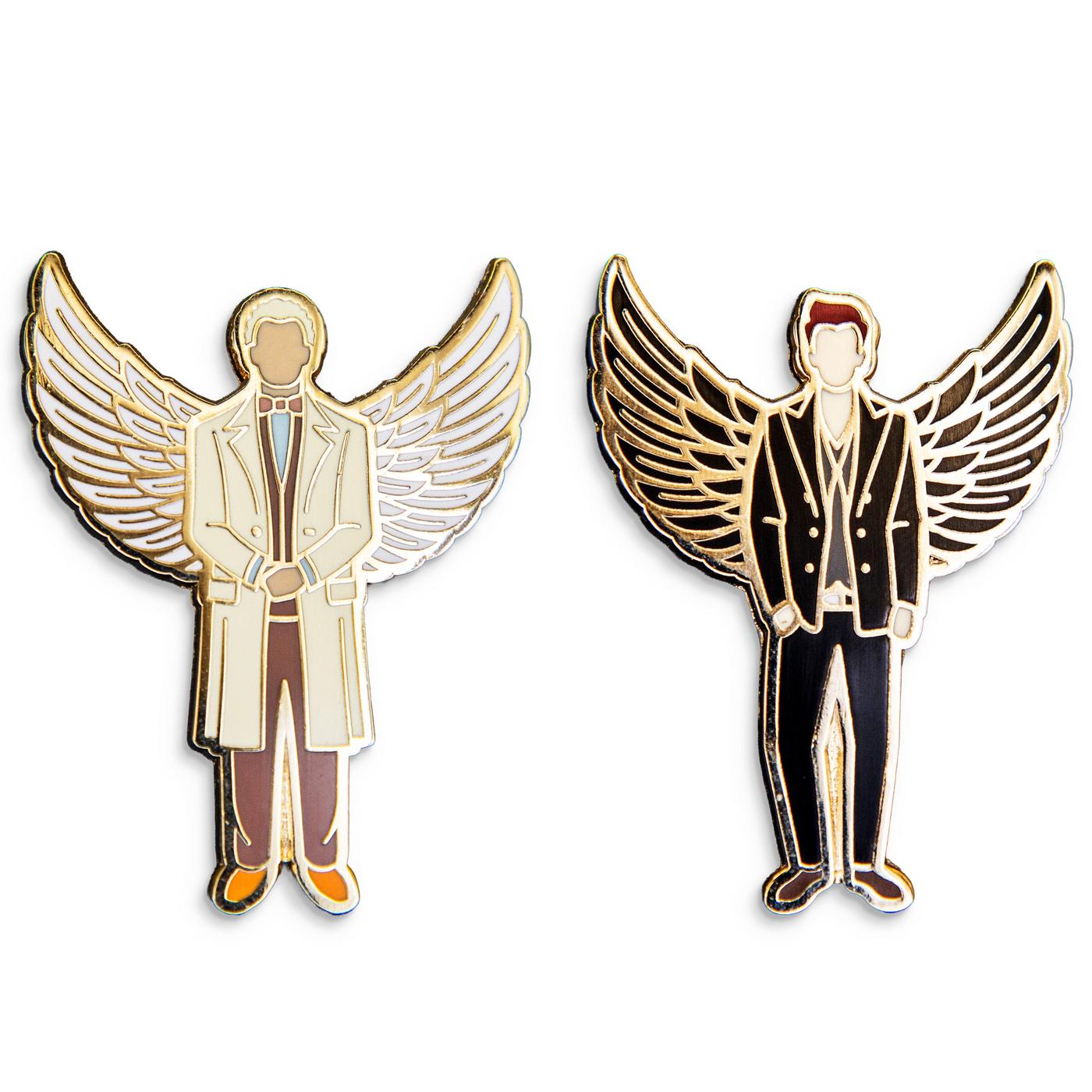 Photo of Good Omens enamel pins: Aziraphale and Crowley, winged pair.