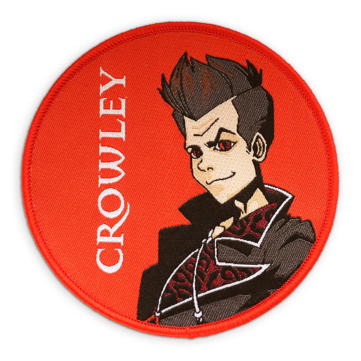 A circular patch featuring an illustration of Crowley in an anime style.