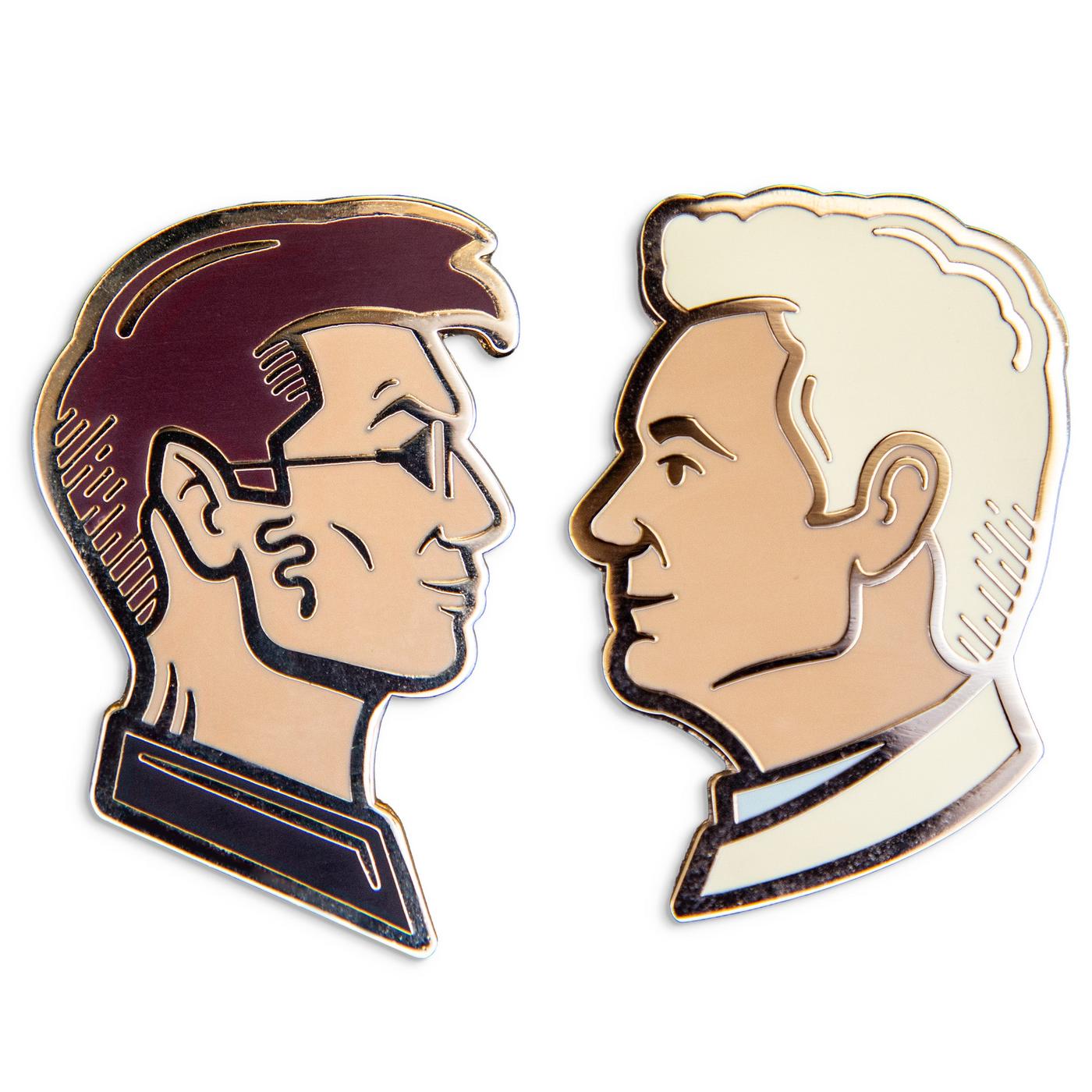 Photograph of a Good Omens enamel pin set: Crowley and Aziraphale.