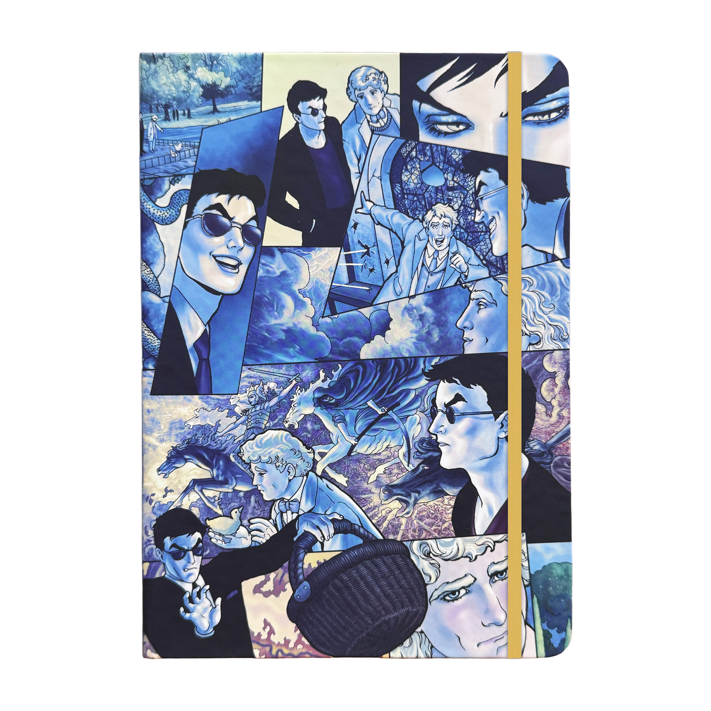 Good Omens graphic novel notebook featuring a collage of illustrations in a blue hue.