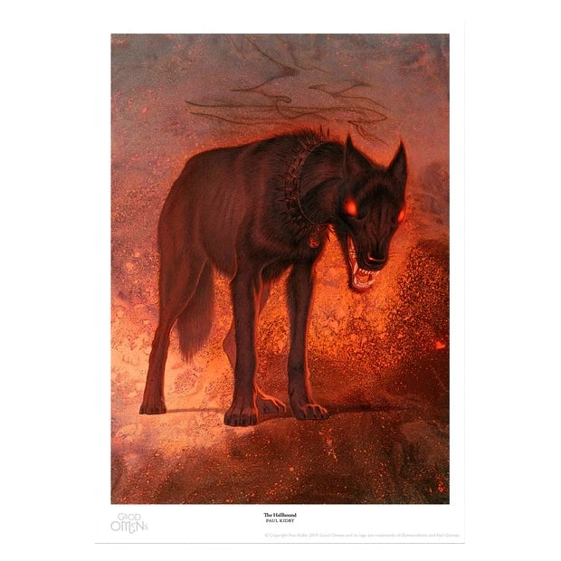 A print of Paul Kidby's illustration of the Hellhound in Good Omens.