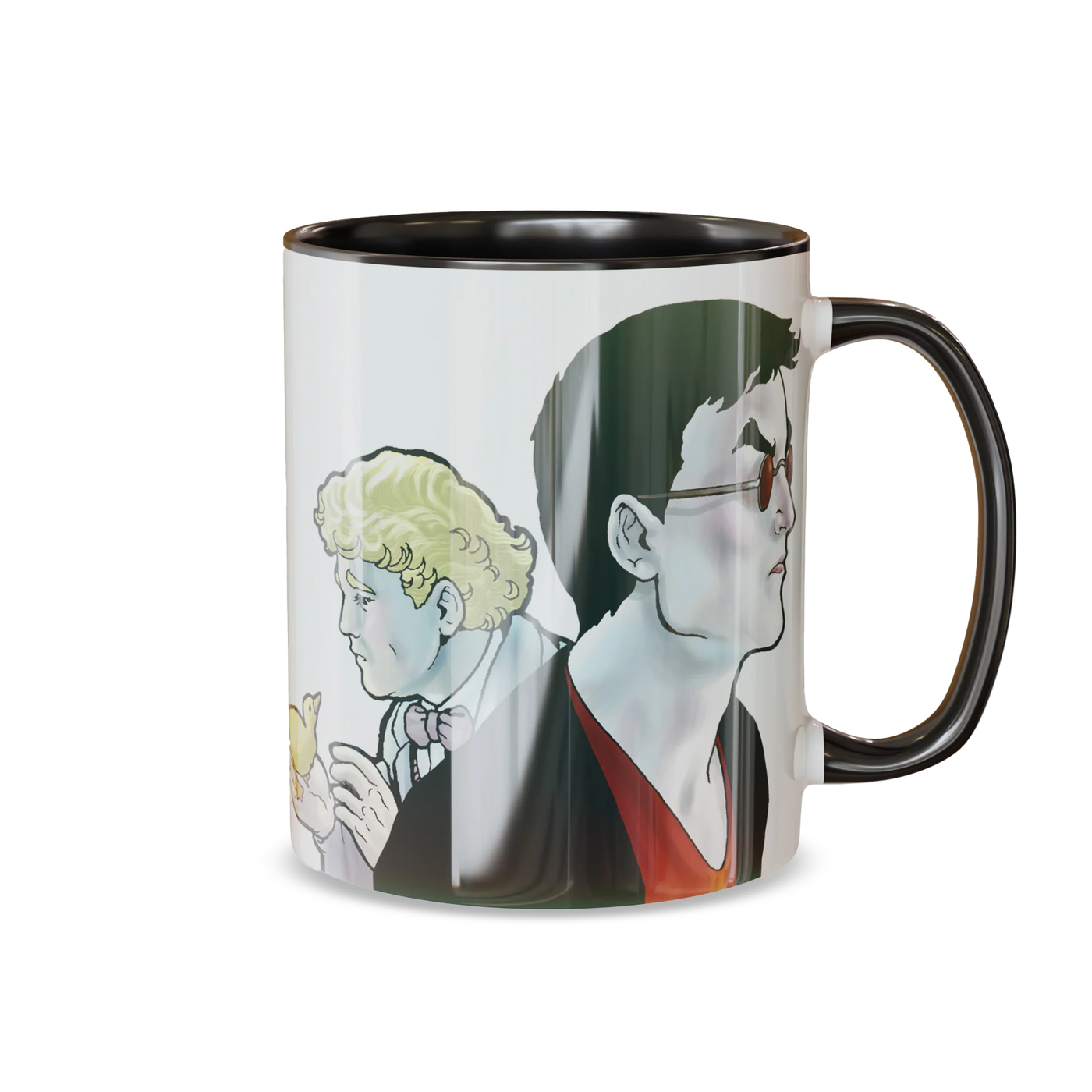 Good Omens graphic novel mug, featuring illustrations of Crowley and Aziraphale by Colleen Doran.
