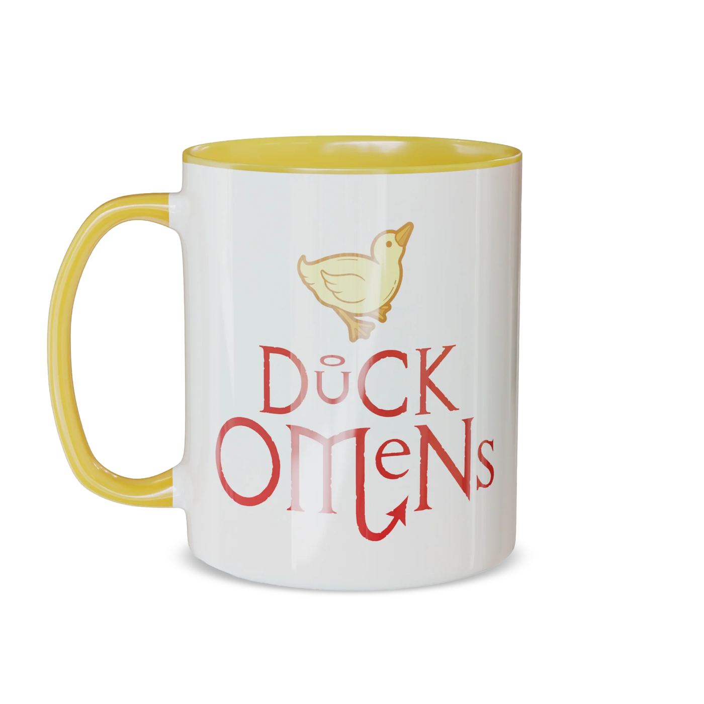 Duck Omens mug, featuring a duck illustrated by Colleen Doran, and a red logo.