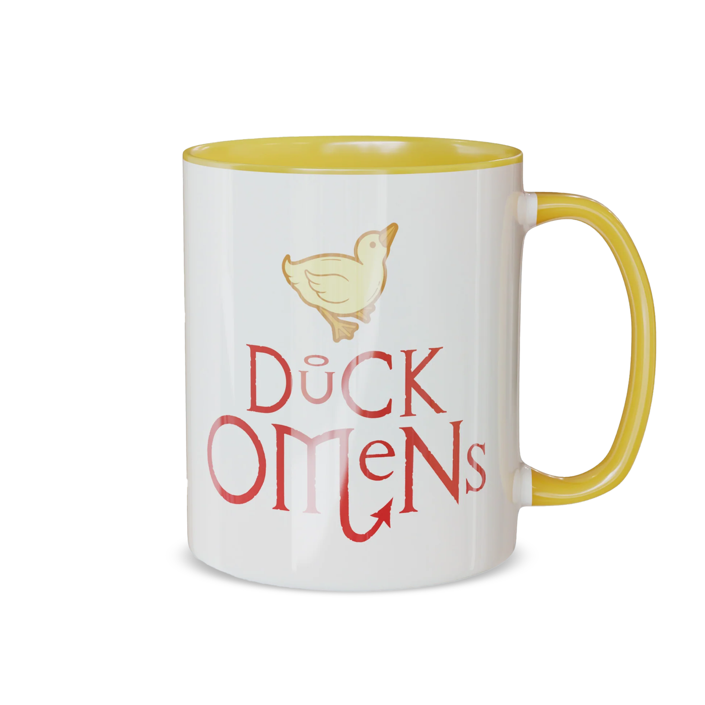 Good Omens mug featuring a duck illustrated by Colleen Doran, and a red logo saying 'Duck Omens'