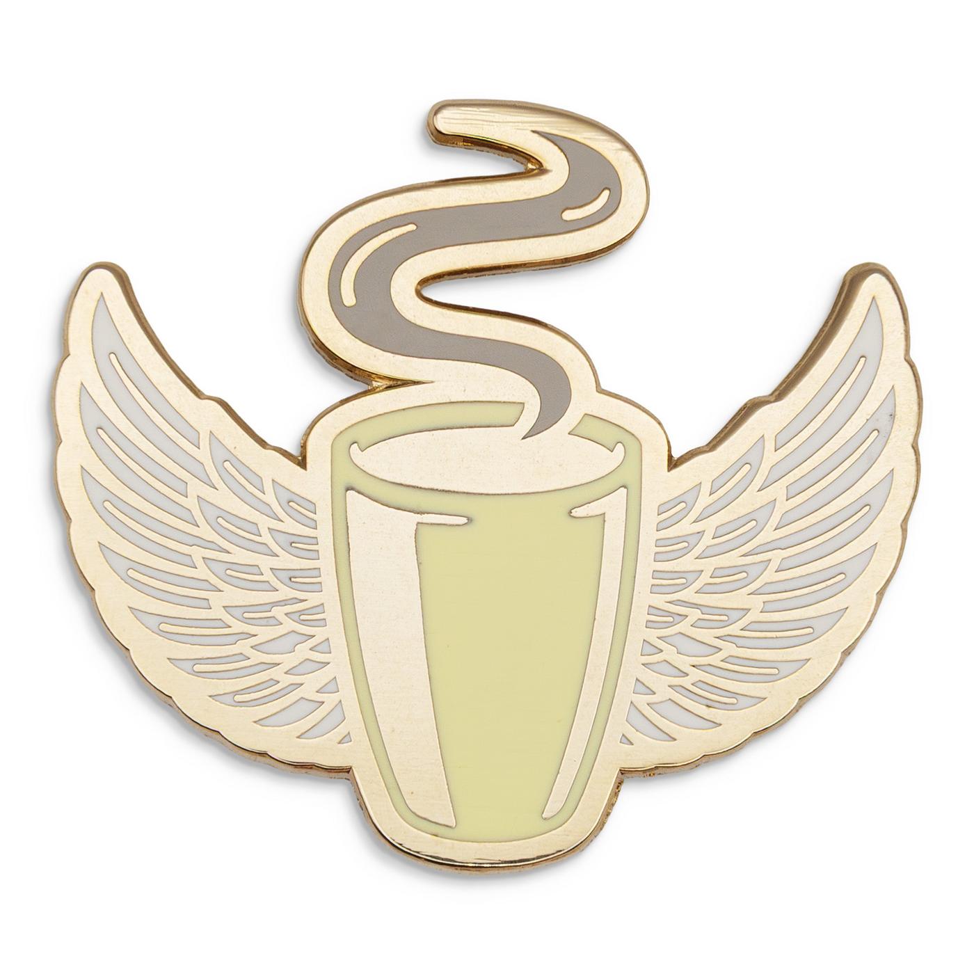 Photograph of a Good Omens enamel pin: Jim's angel mug.