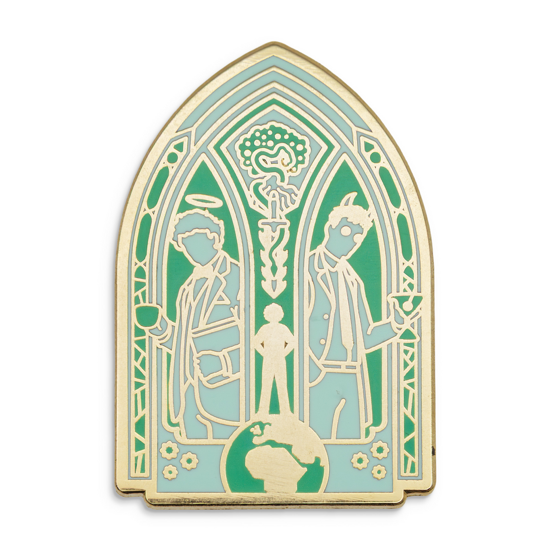 Photograph of a Good Omens enamel pin: Good Omens graphic novel cover.