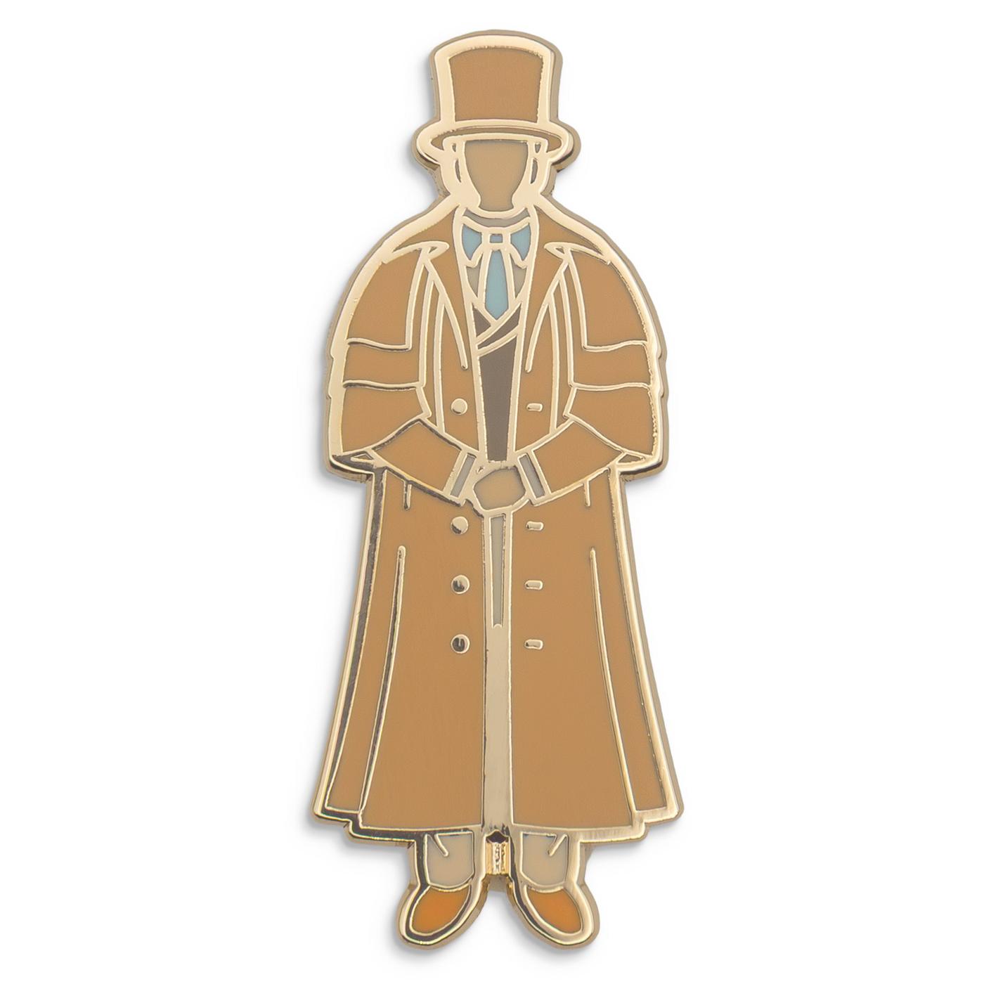 Photograph of a Good Omens enamel pin: Regency Aziraphale