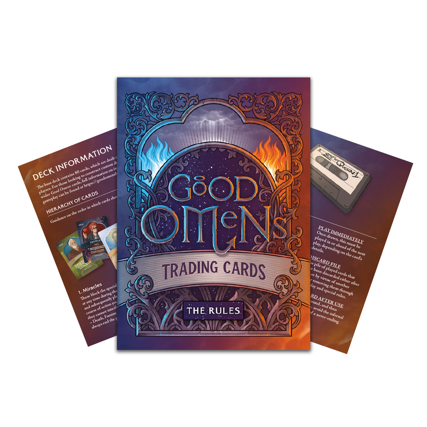 The cover of the Good Omens trading card game rules file, and two sample pages from inside.