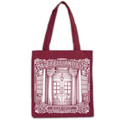 Maroon tote bag featuring artwork depicting A.Z. Fell and Co bookshop.