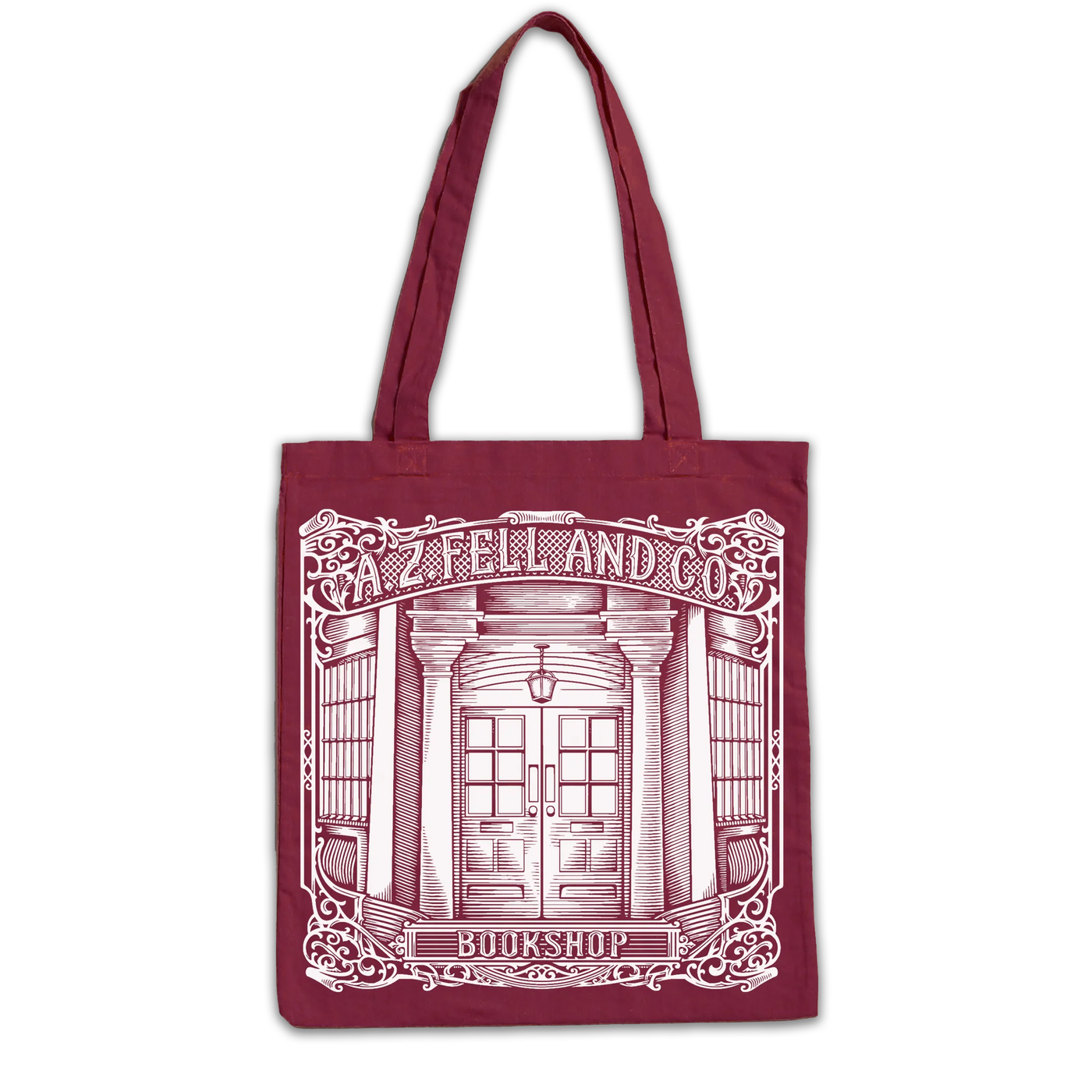 Maroon tote bag featuring artwork depicting A.Z. Fell and Co bookshop.